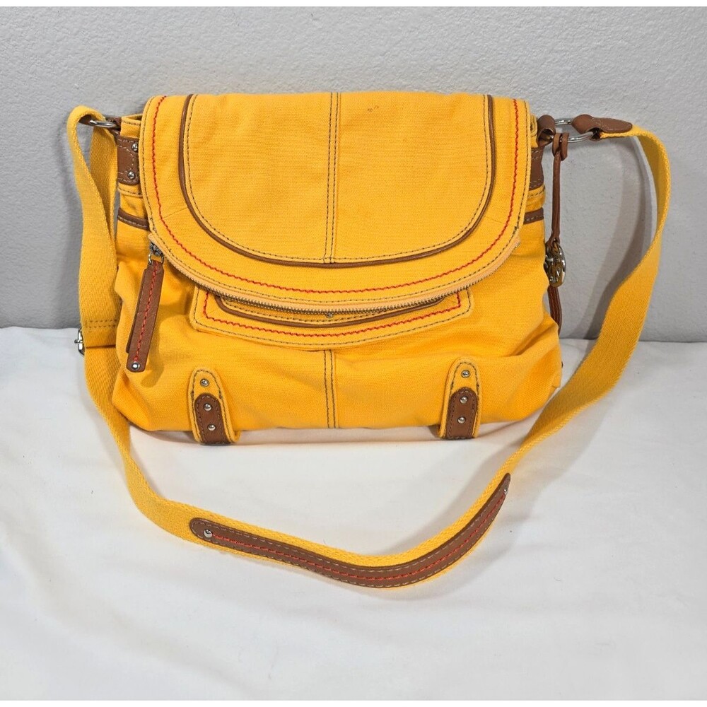 The SAK Fold Over Crossbody Bag Tote Canvas Leather Trim Yellow Travel Y2K